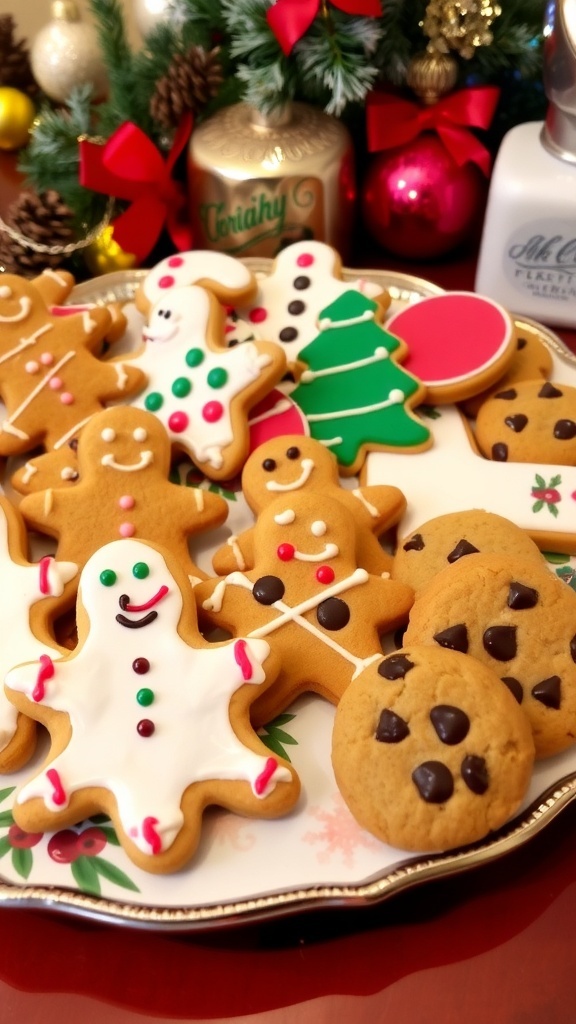 A platter of assorted Christmas cookies including gingerbread, sugar cookies, and chocolate chip cookies, decorated for the holiday season.